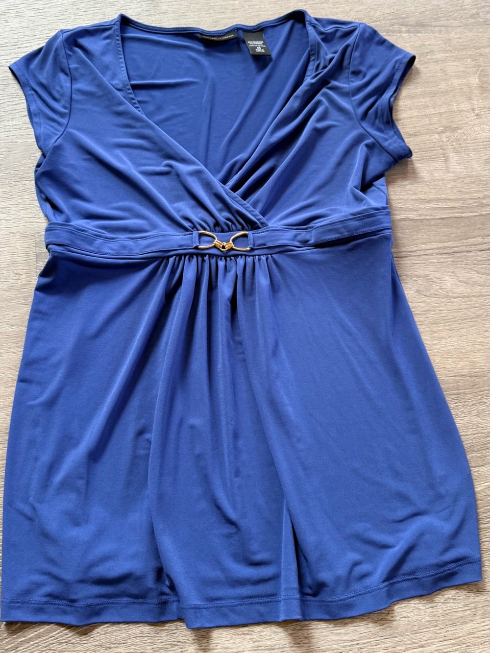 New York & Company Royal Blue Faux-Wrap Dress with Gold Hardware